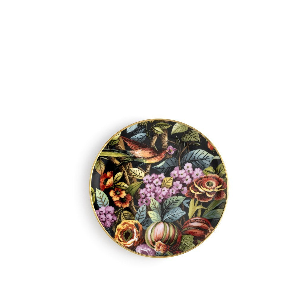 Piattino pane midnight Exotic Jungle di Simone Guidarelli in porcellana con decorazioni tropicali e bordo dorato disponibile in sei varianti colore.