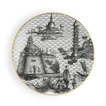 Piatto fondo Simone Guidarelli Oriental Dream  in porcellana bianco e nero con dettagli classici e bordo oro.