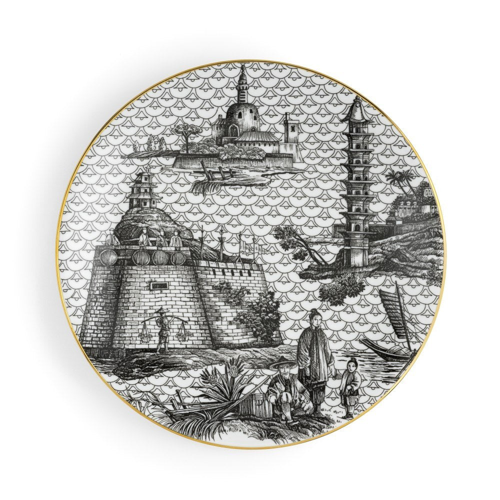Piatto fondo Simone Guidarelli Oriental Dream  in porcellana bianco e nero con dettagli classici e bordo oro.
