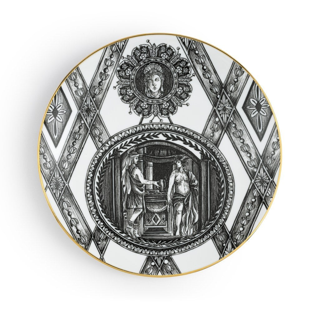 Piatto fondo Simone Guidarelli Hellenic in porcellana bianco e nero con dettagli classici e bordo oro.