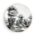Piatto fondo Simone Guidarelli Imperial Garden in porcellana bianco e nero con dettagli classici e bordo oro.