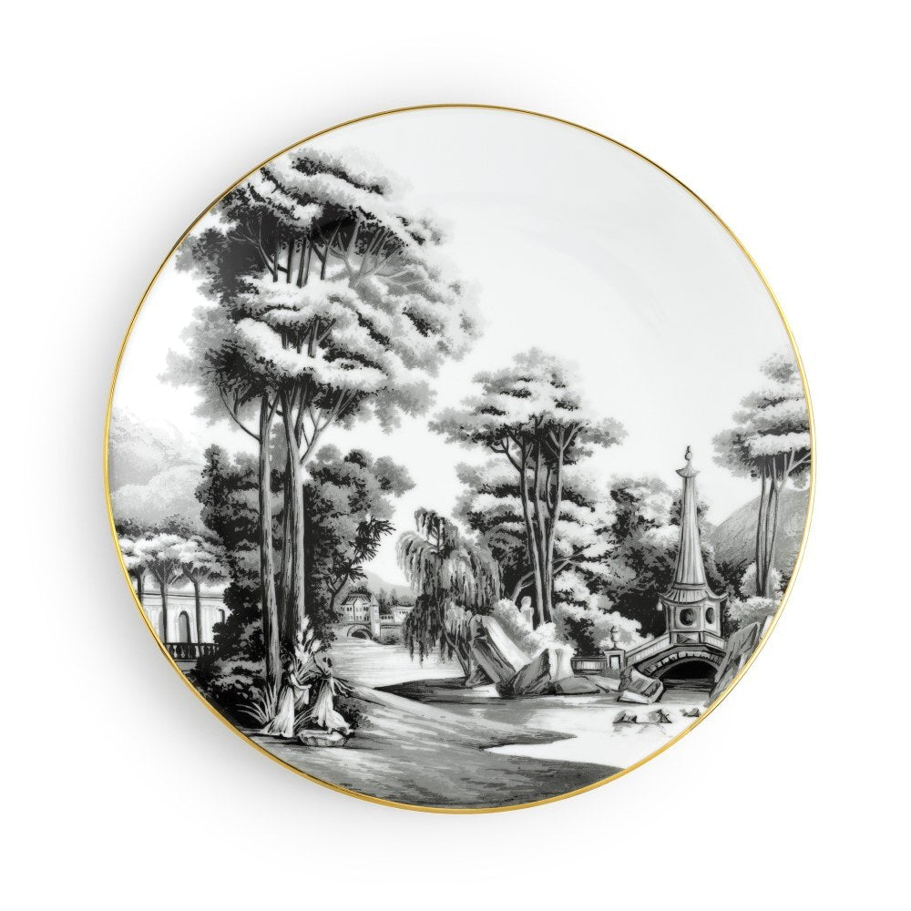Piatto fondo Simone Guidarelli Imperial Garden in porcellana bianco e nero con dettagli classici e bordo oro.