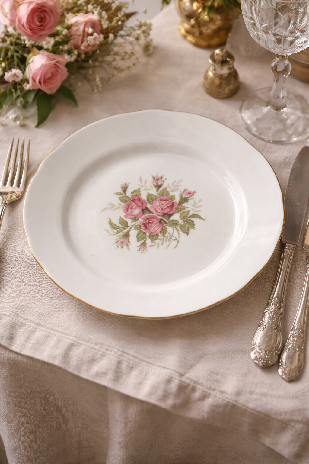 Piatto dessert vintage in porcellana Bareuther Bavaria con decorazione di rose rosa, apparecchiato su tavola elegante con lino e posate argentate