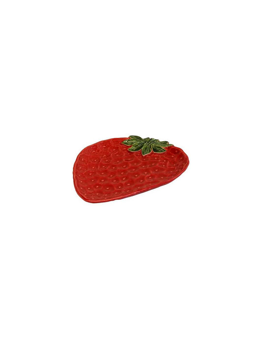 Piatto dessert Fragola Virginia Casa in ceramica rossa con foglia verde, artigianato italiano.