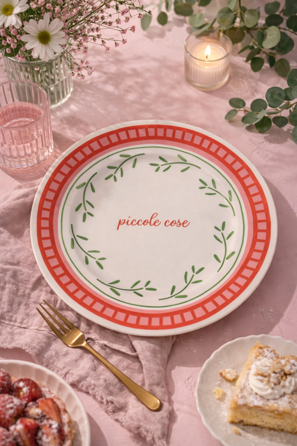 Piatto in porcellana “Piccole cose” Ø21 cm con decoro foglie verdi e bordo rosso pesca, apparecchiato su tavola rosa con dolci, candela e fiori in stile romantico elegante
