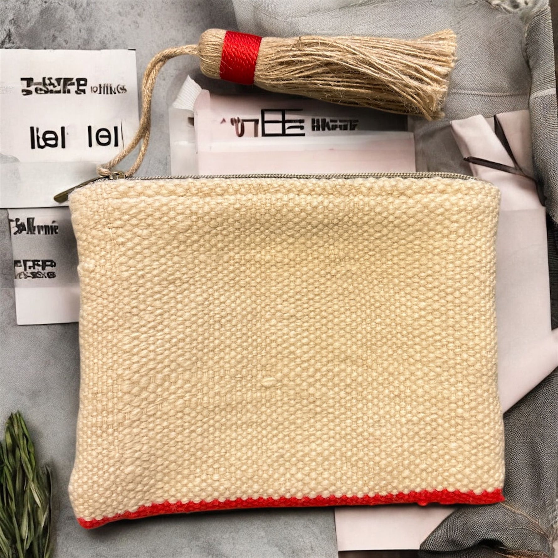 Retro pochette in tessuto berbero vintage Marika Selection color panna con bordo rosso corallo, accessorio artigianale sostenibile