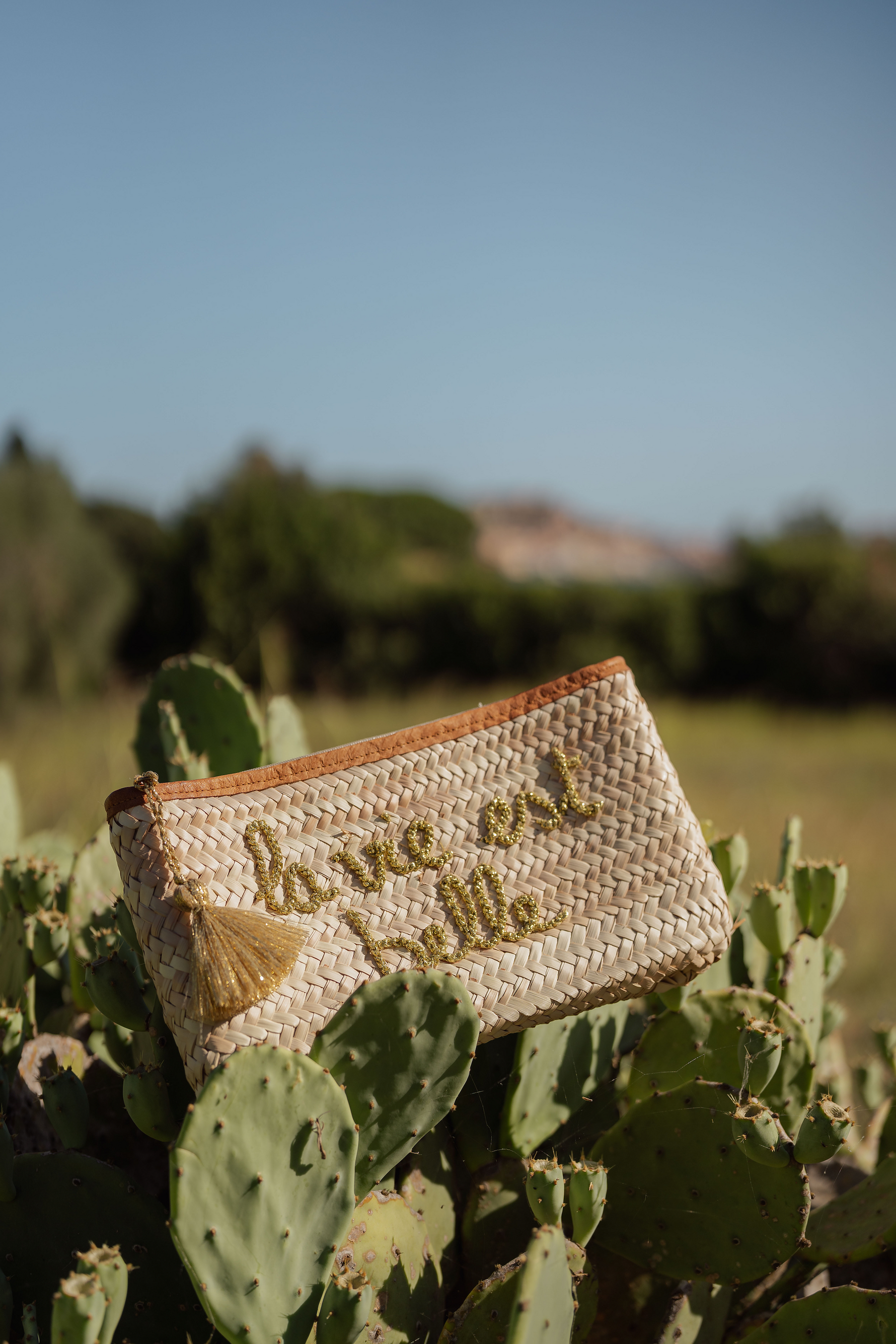 Pochette in paglia intrecciata con scritta La vie est belle ricamata appoggiata su cactus, Marika Selection