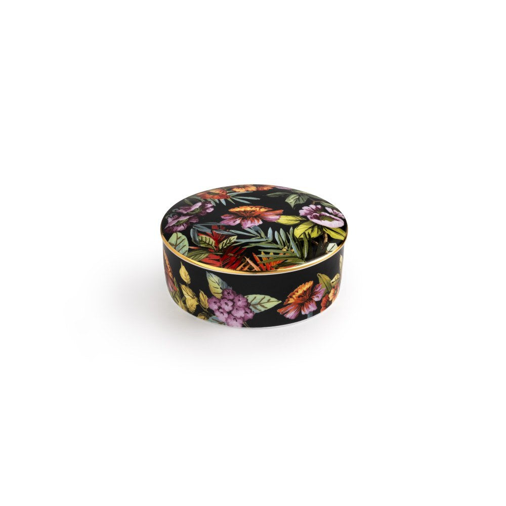 Portagioie Exotic Jungle Black in porcellana con coperchio decorato e bordo oro