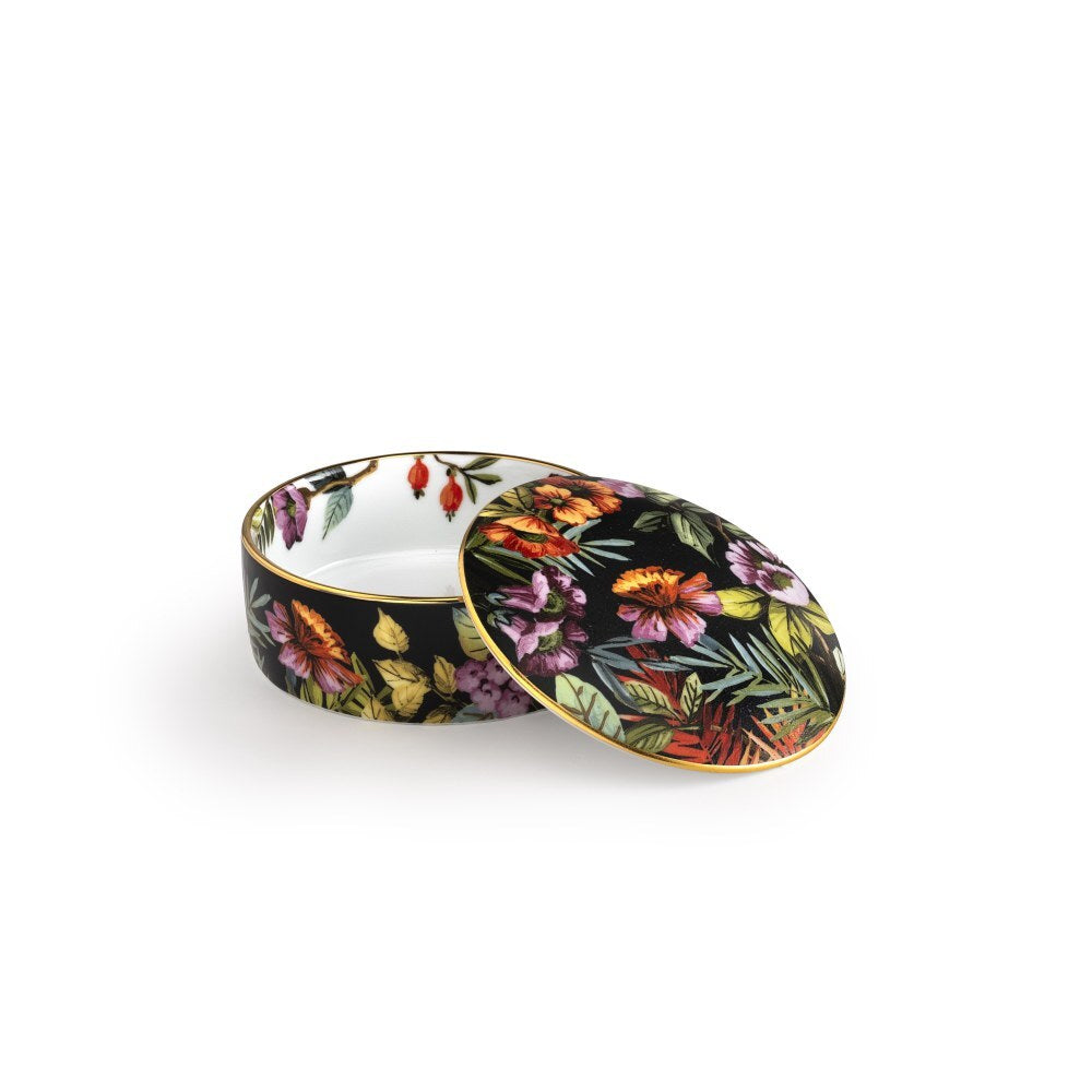 Portagioie Exotic Jungle Black in porcellana con motivi botanici tropicali e finiture oro