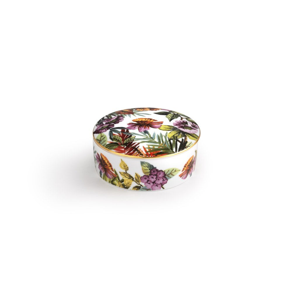 Portagioie Exotic Jungle White in porcellana con coperchio decorato e bordo oro