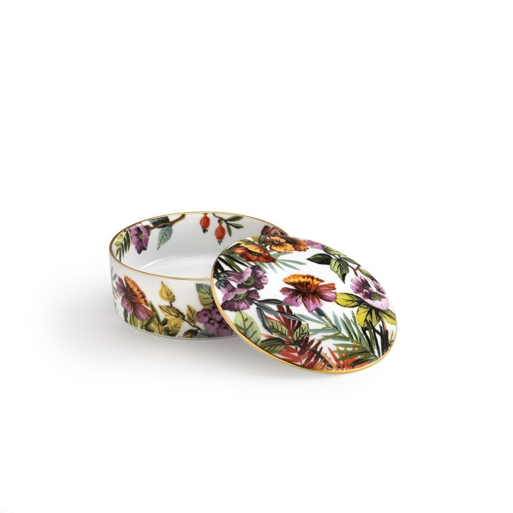 Portagioie Exotic Jungle White in porcellana con motivi botanici tropicali e finiture oro