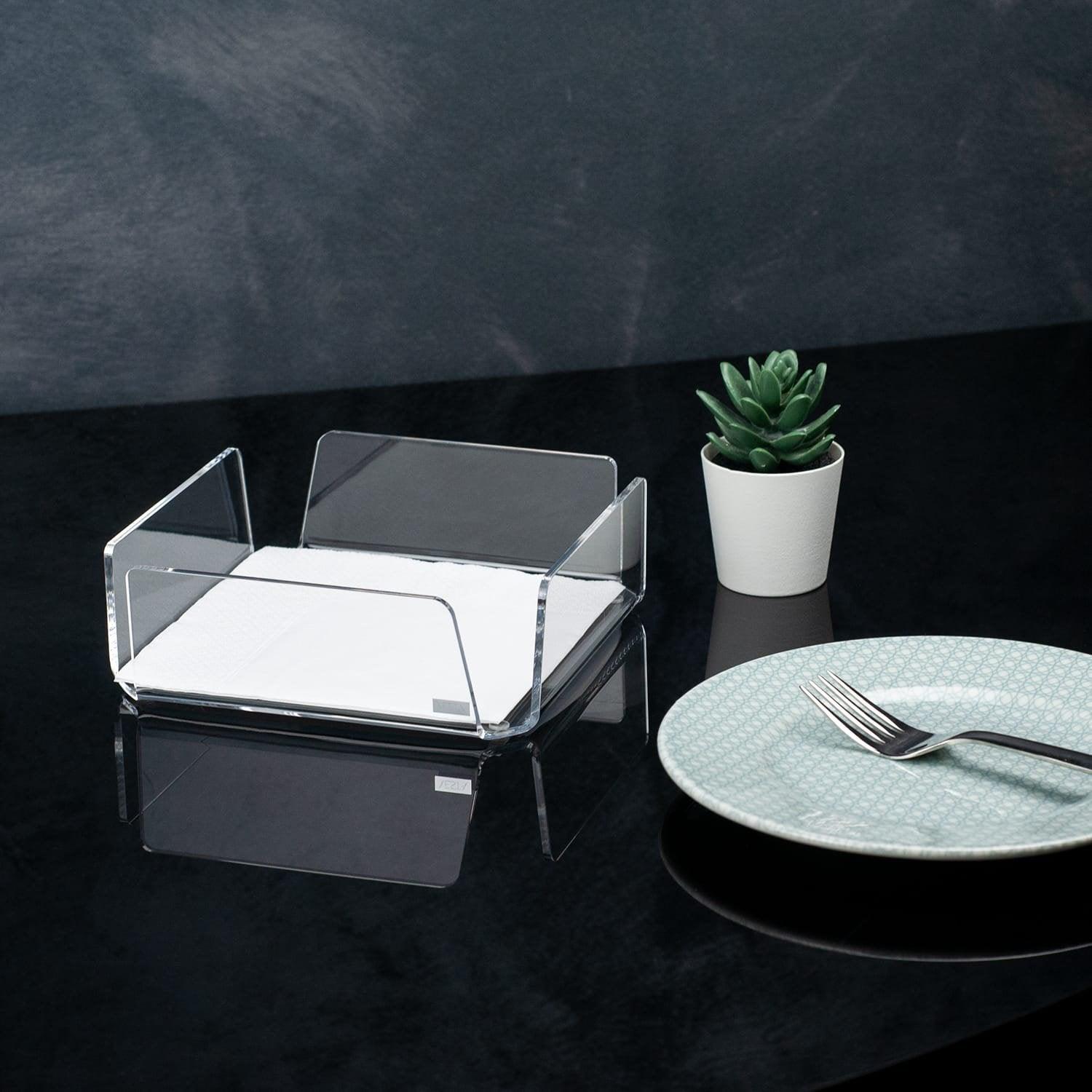 Portatovaglioli design moderno Vesta in acrilico trasparente, lavorato a mano in Italia, disponibile in tre colori eleganti

