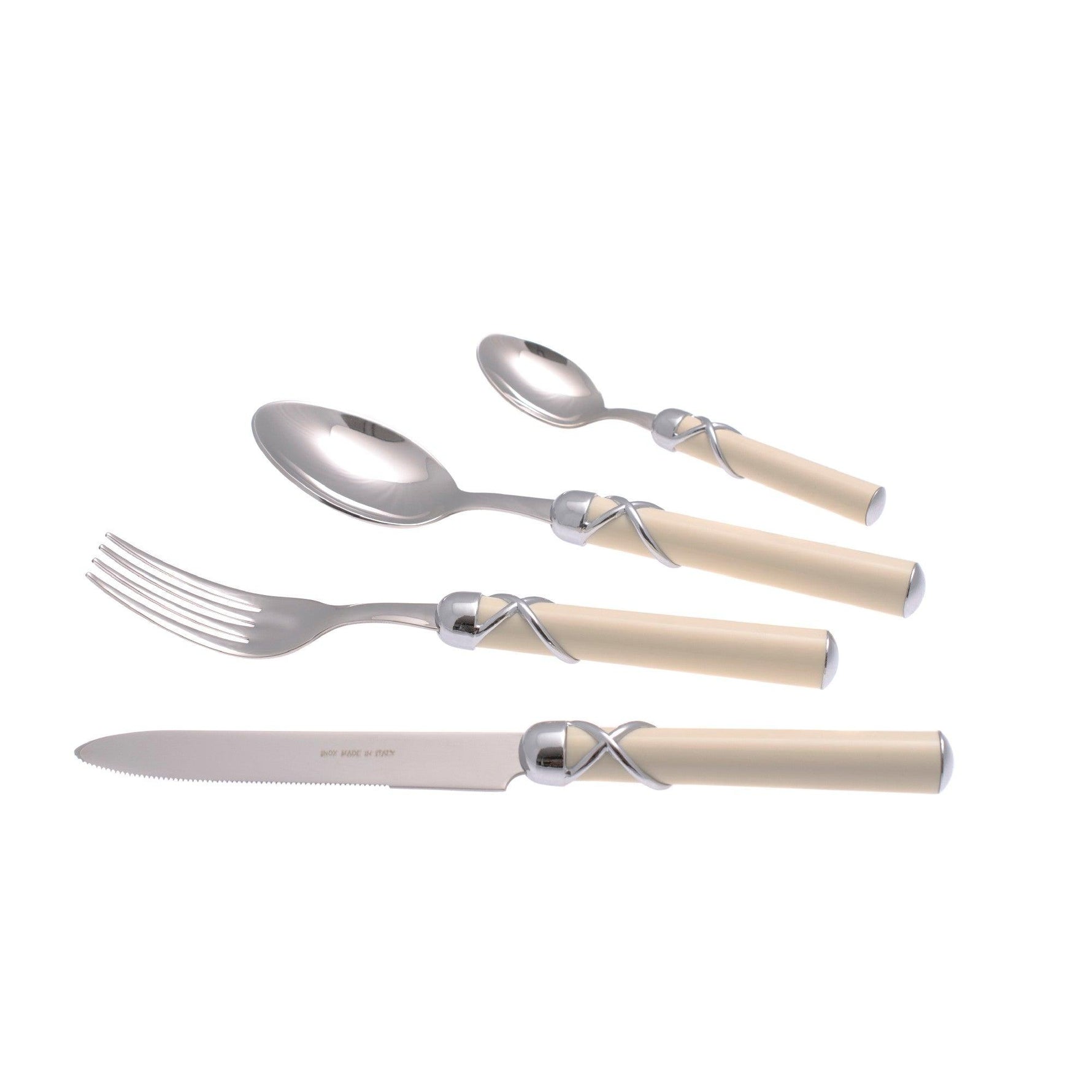 Set posate Fiocco Rivadossi Sandro con manico avorio in ABS e ghiera cromata, acciaio inox 18/10