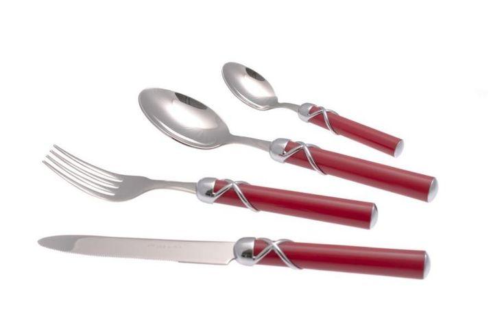 Set posate Fiocco Rivadossi Sandro con manico rosso in ABS e ghiera cromata, acciaio inox 18/10