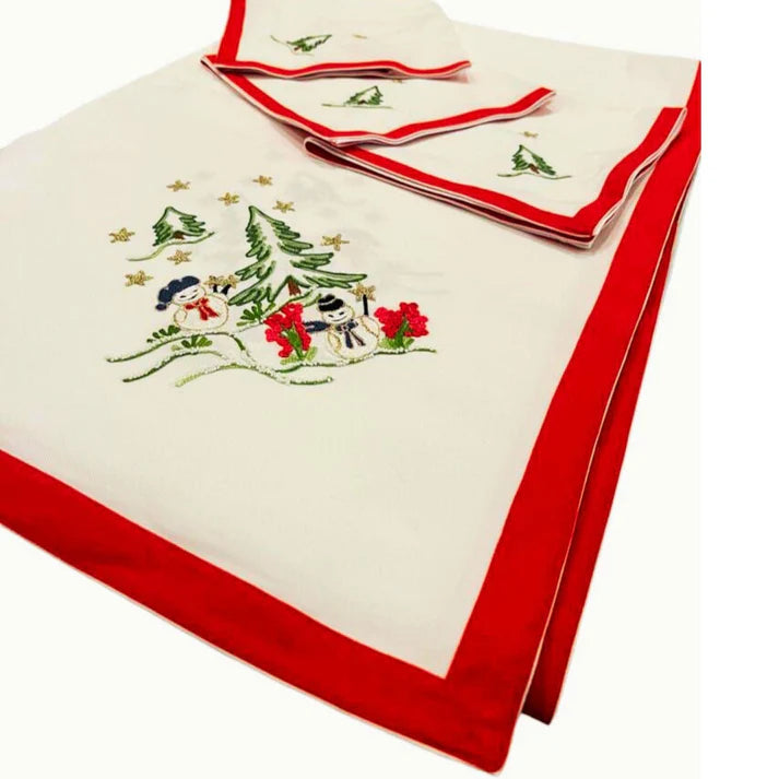 Pure cotton tablecloth with Christmas embroidery. Snowmen - Marika De Paola