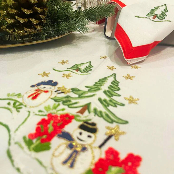 Pure cotton tablecloth with Christmas embroidery. Snowmen - Marika De Paola