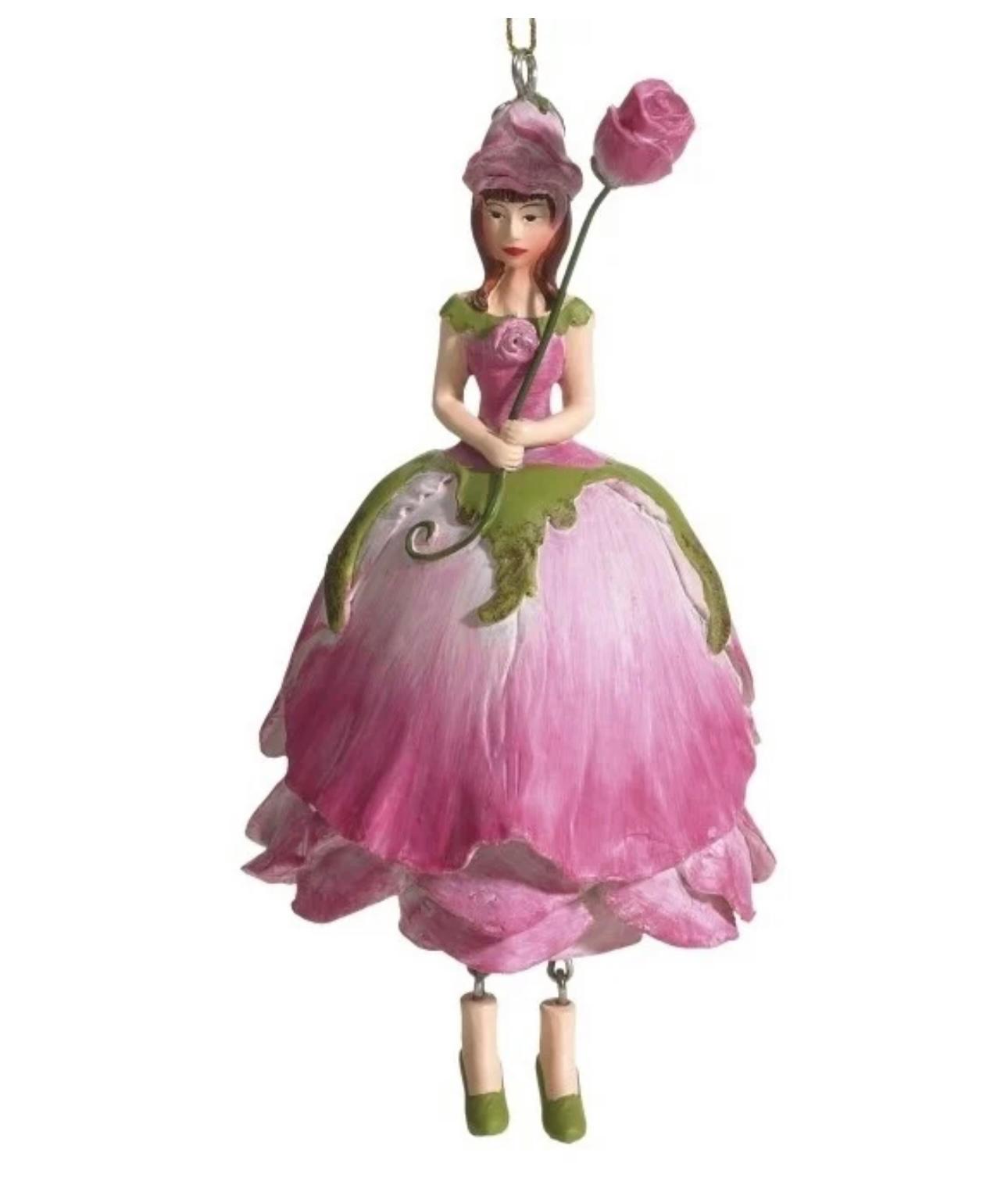 Fairy Flower artigianale a forma di rosa rosa con rosa tra le mani in resina dipinta, decorazione creativa da appendere o usare come segnaposto o nappa per mobili