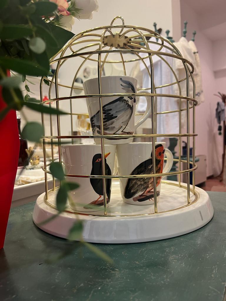 Seletti Gabbia per uccelli Twitable, Matello dorato e base in Porcellana 32,5 cm di diametro - MARIKA DE PAOLA - HOME DECOR