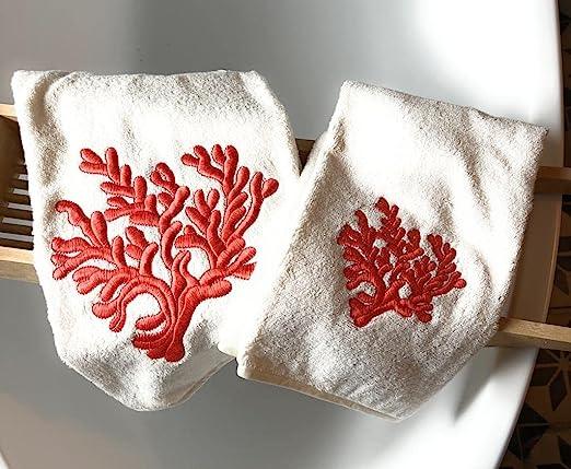 2-piece Towel Set (Face / Guest) fine linen with embroidery, Luxury Yacht collection (White / Red Coral)