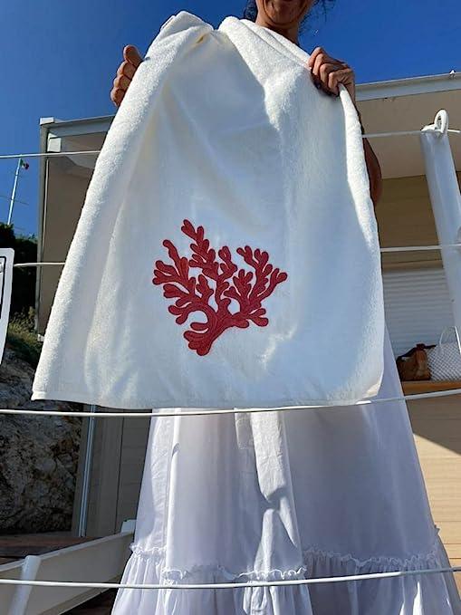 Ensemble de serviettes 2 pièces (Visage / Invité) en lin fin avec broderie, collection Luxury Yacht (Blanc / Rouge Corail)