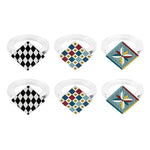 Set 6 ferma tovaglioli Vesta modello Foulard in acrilico trasparente decorato a mano, con motivo optical nero e bianco e cornice multicolor