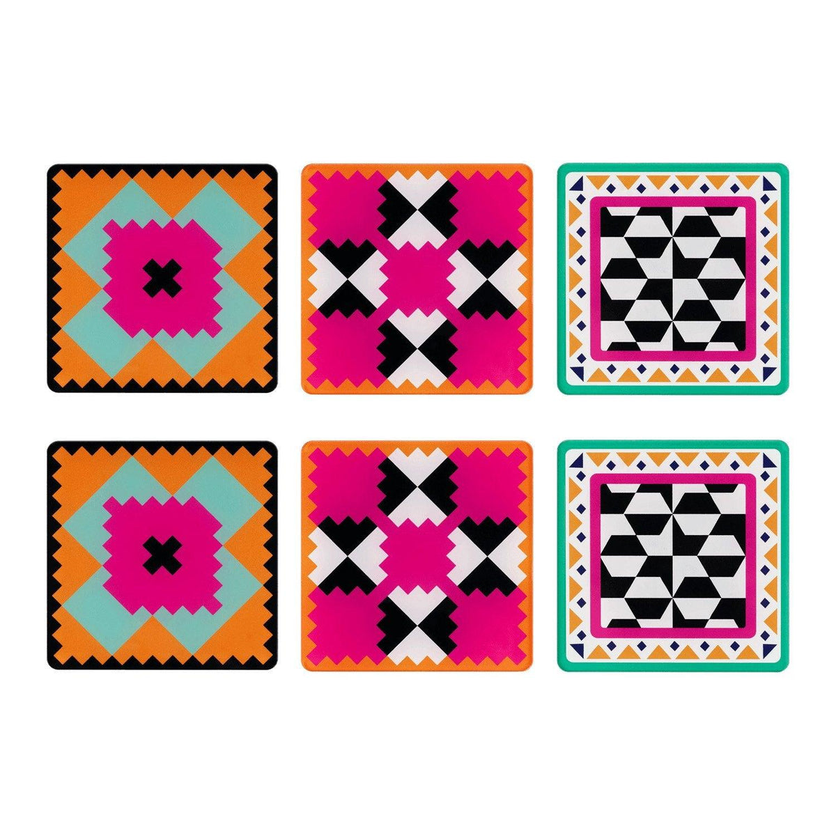 Sottobicchieri acrilici Vesta modello Ethnic, fatti a mano in Italia con design geometrico e colori vivaci