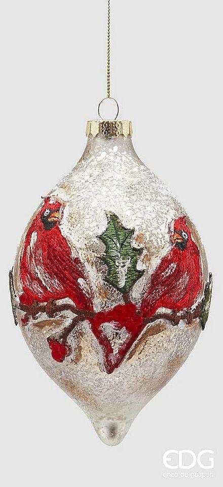 Palla di Natale in vetro Ø10 cm con cardinale rosso ricamato su ramo innevato, decorazione EDG

