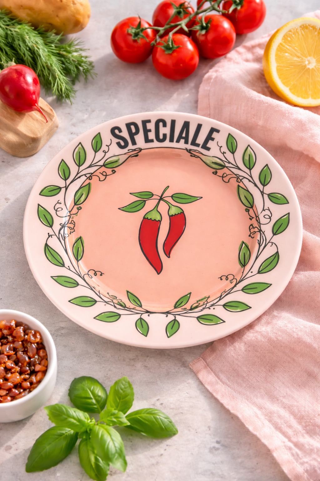 Piatto in porcellana rosa cipria Ø16 cm con scritta “Speciale” e decoro peperoncini rossi, ambientato con pomodori, basilico e limone su tavola elegante