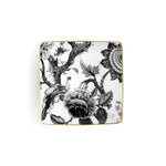 Svuotatasche quadrato Secret Garden Simone Guidarelli in porcellana con elegante decoro floreale bianco e nero e dettagli in vero oro.