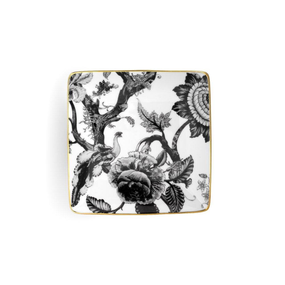 Svuotatasche quadrato Secret Garden Simone Guidarelli in porcellana con elegante decoro floreale bianco e nero e dettagli in vero oro.