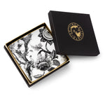 Svuotatasche quadrato Secret Garden Simone Guidarelli in porcellana con decoro di gru stilizzate bianco e nero, bordo rifinito in vero oro e scatola regalo elegante.