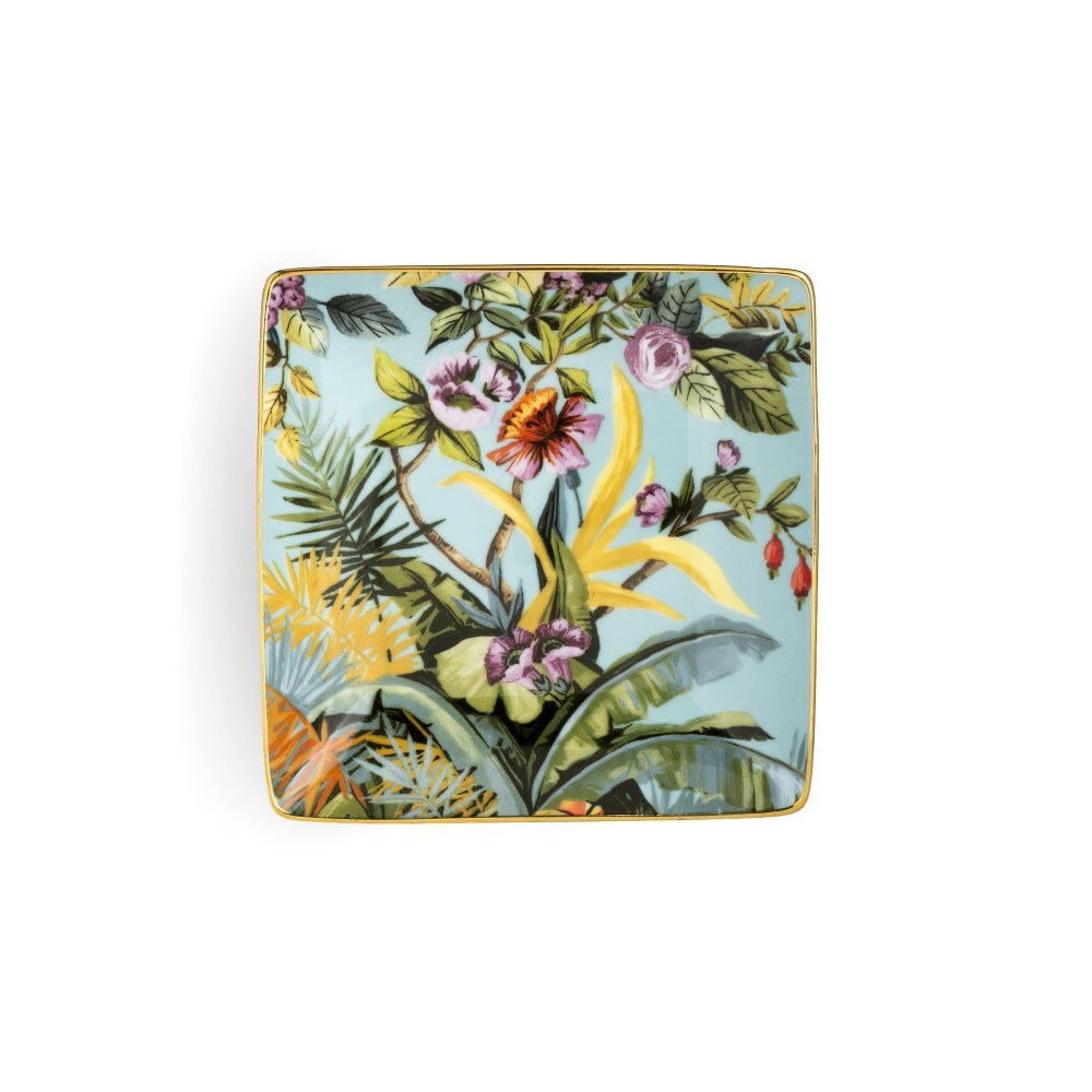 Svuotatasche quadrato Exotic Jungle Heavenly Simone Guidarelli in porcellana con bordo oro