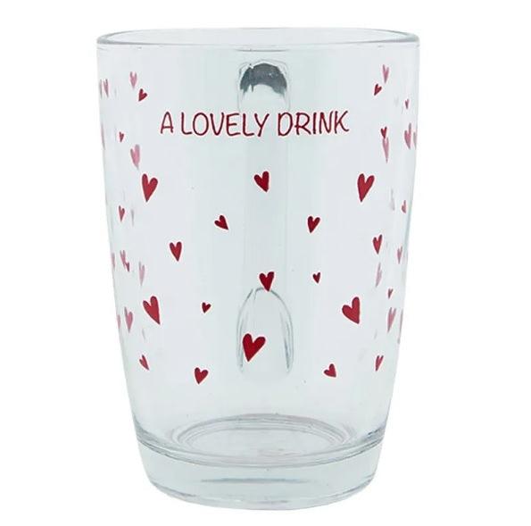 Tazza in vetro con cuori rossi e scritta "A Lovely Drink", vista frontale, lavabile in lavastoviglie