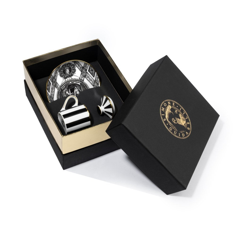 Confezione regalo Simone Guidarelli con tazzina caffè Souvenirs de Voyage Hellenic  in porcellana e oro
