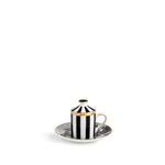 Tazzina caffè Souvenirs de Voyage Oriental Dream vista di lato con piattino decorato e coperchio a righe bianco nere