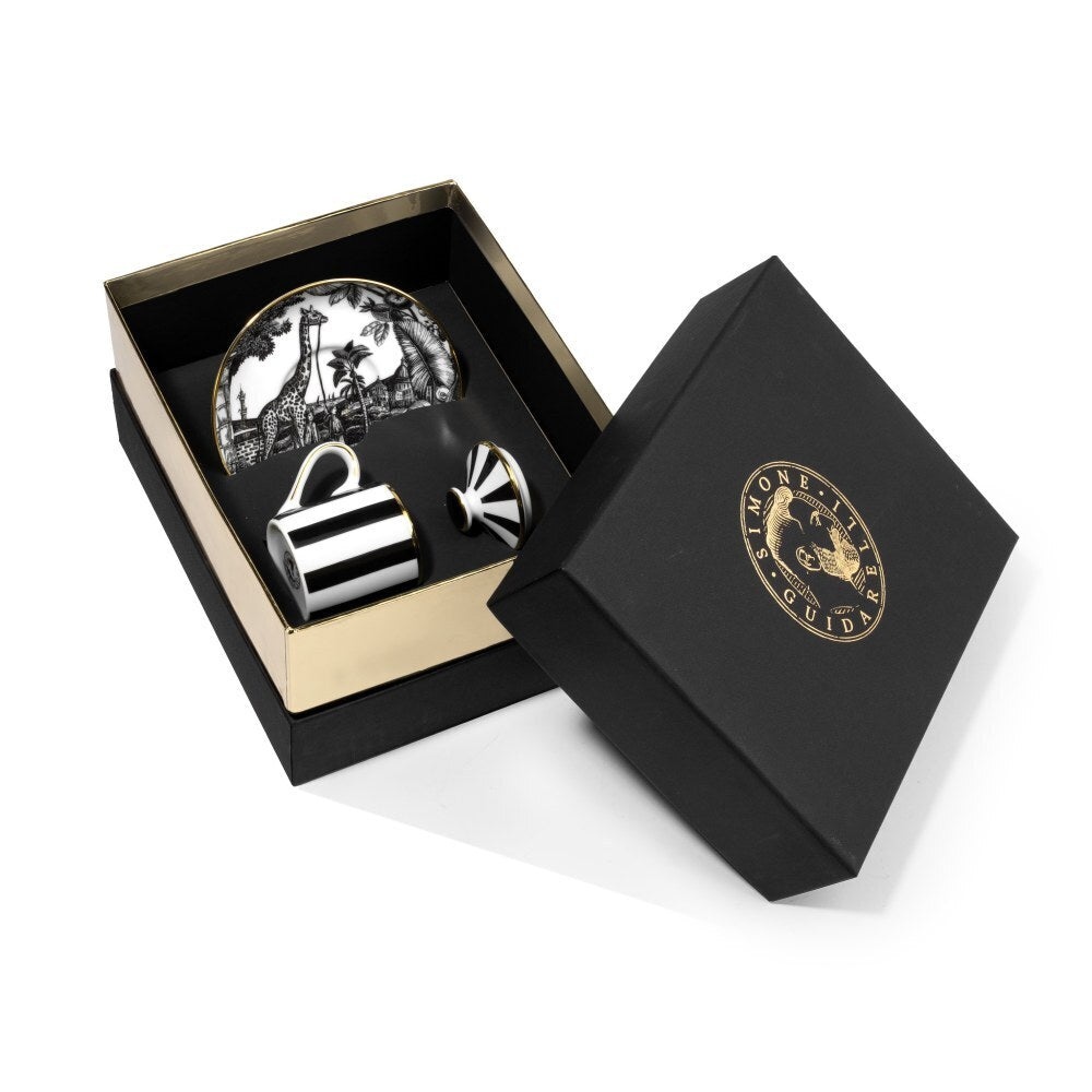 Confezione regalo Simone Guidarelli con tazzina caffè Souvenirs de Voyage Sunset Safari in porcellana e oro