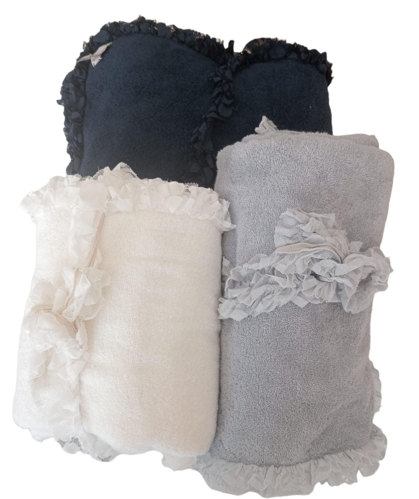 Serviette de plage chic en pur coton ornée de dentelle, produit textile italien collection Chez Moi - Couleur : Bleu Nuit