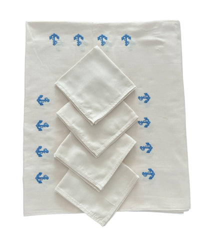 Tablecloth with 12 napkins, Rectangular x 12 Pers, Pure Cotton, 100% Made in Italy (blue anchors)