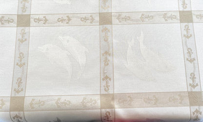 Tablecloth with 12 napkins (Table Service), Rectangular 12 Pers, Pure Cotton Flanders, embroidery: dolphins and anchors