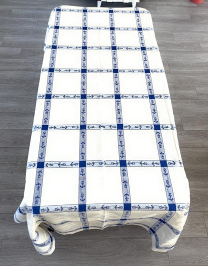 Tablecloth with 12 napkins (Table Service), Rectangular 12 Pers, Pure Cotton Flanders, embroidery: dolphins and anchors