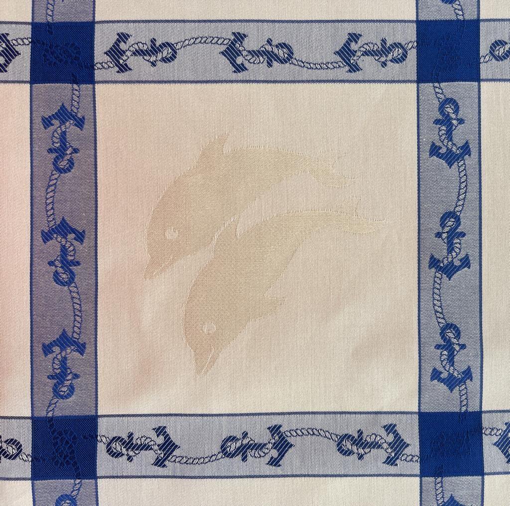 Tablecloth with 12 napkins (Table Service), Rectangular 12 Pers, Pure Cotton Flanders, embroidery: dolphins and anchors