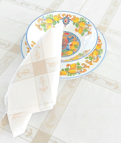 Tablecloth with 12 napkins (Table Service), Rectangular 12 Pers, Pure Cotton Flanders, embroidery: dolphins and anchors