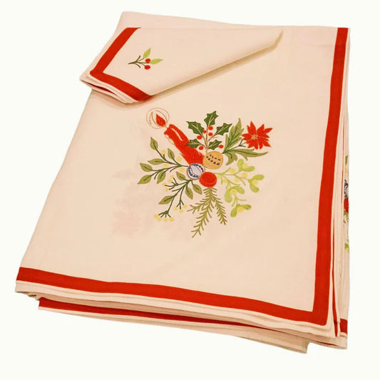 Pure cotton tablecloth with Christmas embroidery. Red candle - Marika De Paola