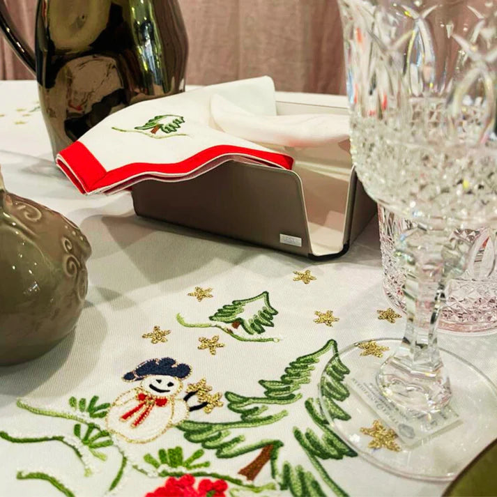 Pure cotton tablecloth with Christmas embroidery. Snowmen - Marika De Paola