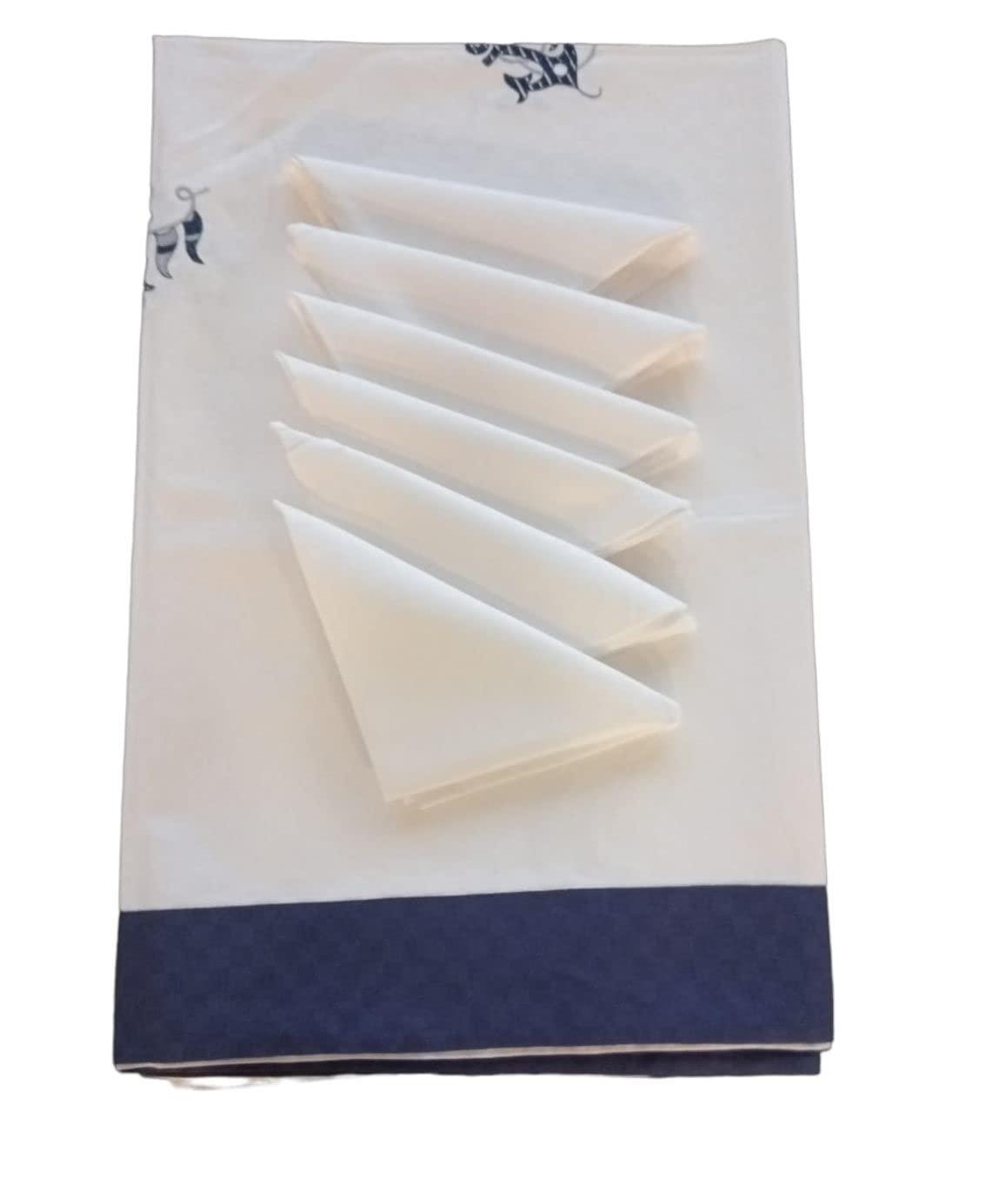 Tovaglia da 6 in cotone con tovaglioli e ancore blu ricamate a mano

