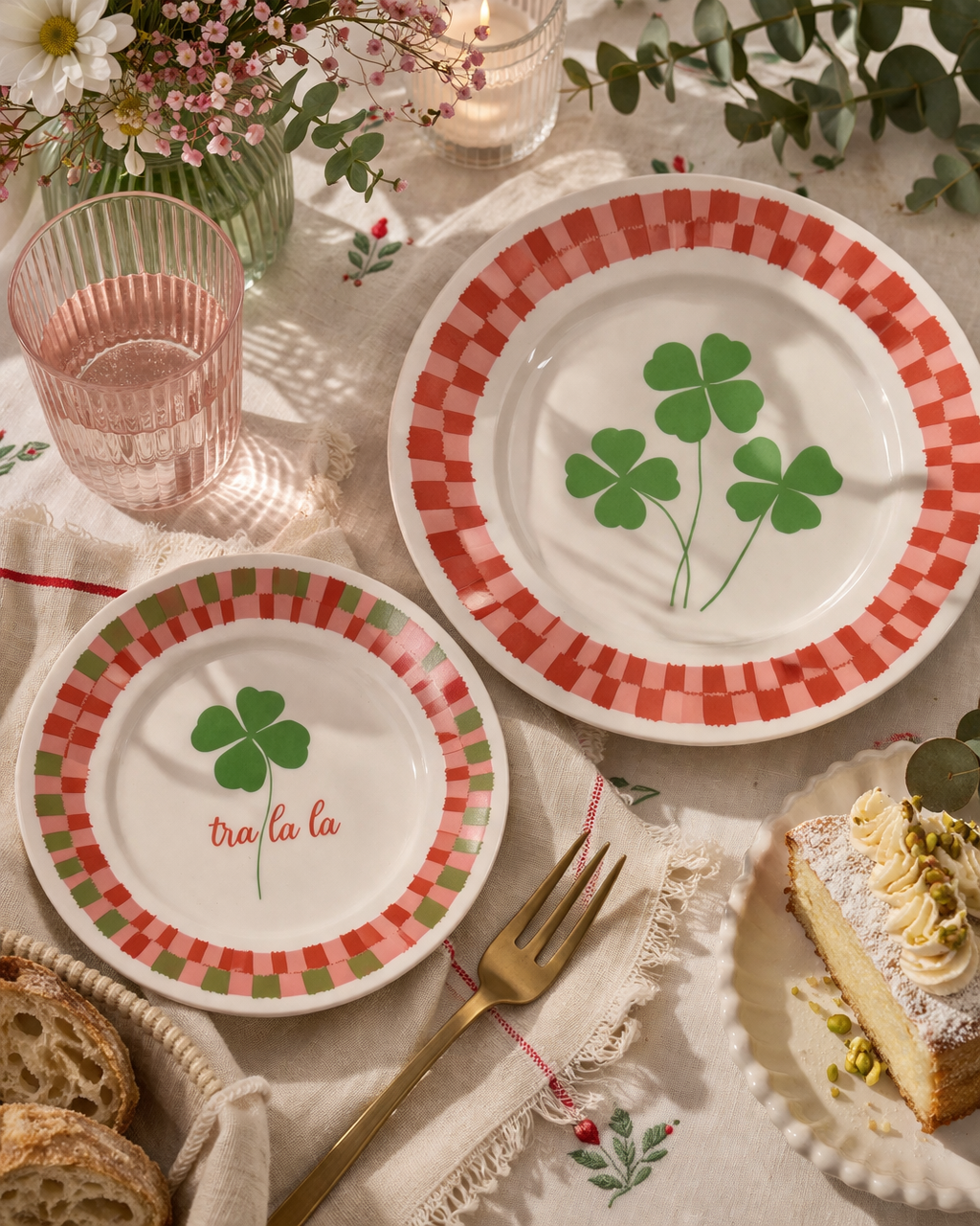 Set di piatti in porcellana “Tra la la” Ø16 e Ø21 cm con quadrifoglio verde, apparecchiati su tavola in lino con pane, calici e fiori in stile rustico elegante