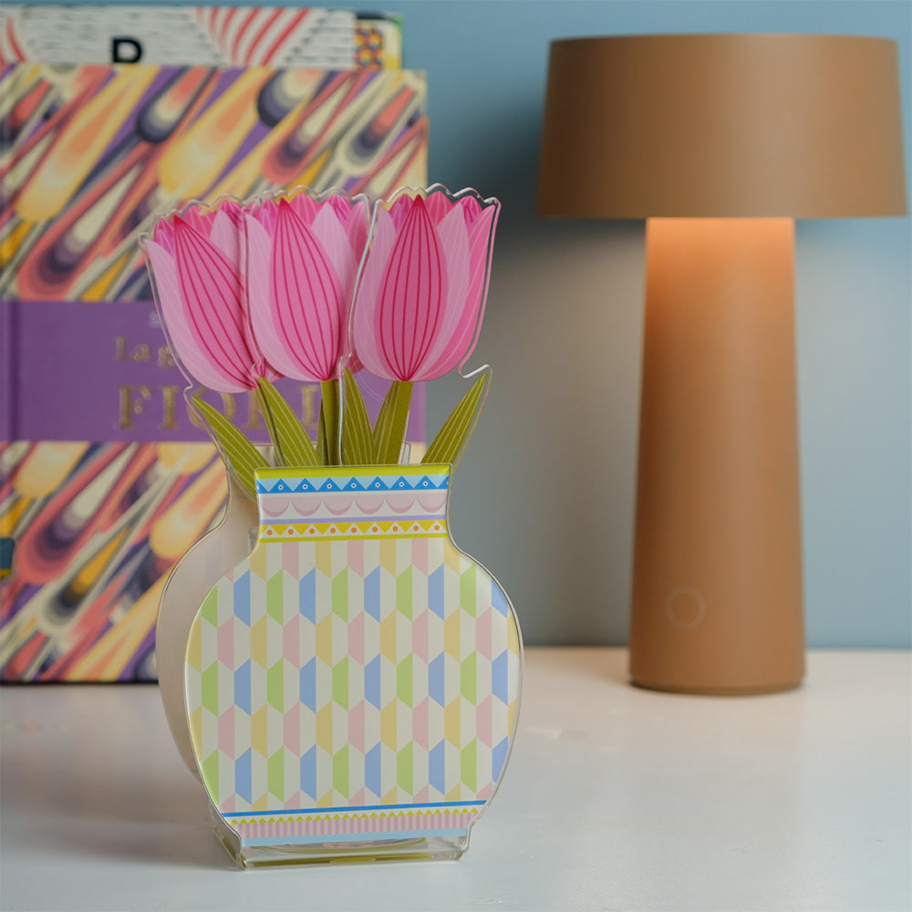 vasetto Lisbona rosa Vesta Home in plexiglas con vaso interno in vetro e fiori decorativi
