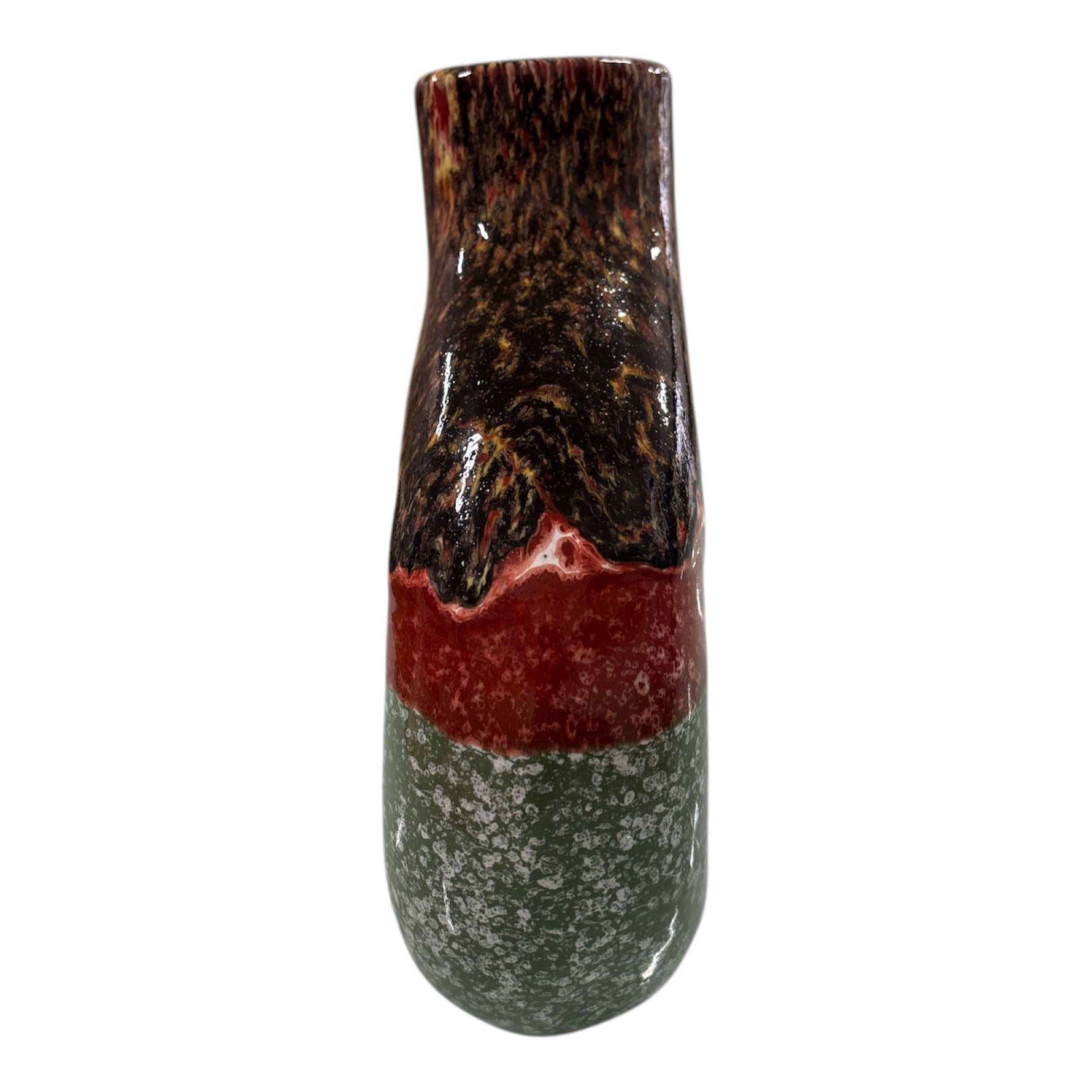 Vaso in ceramica multicolore con finitura lucida, visto lateralmente.