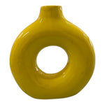 Vaso grande in ceramica gialla lucida con foro centrale, design moderno.