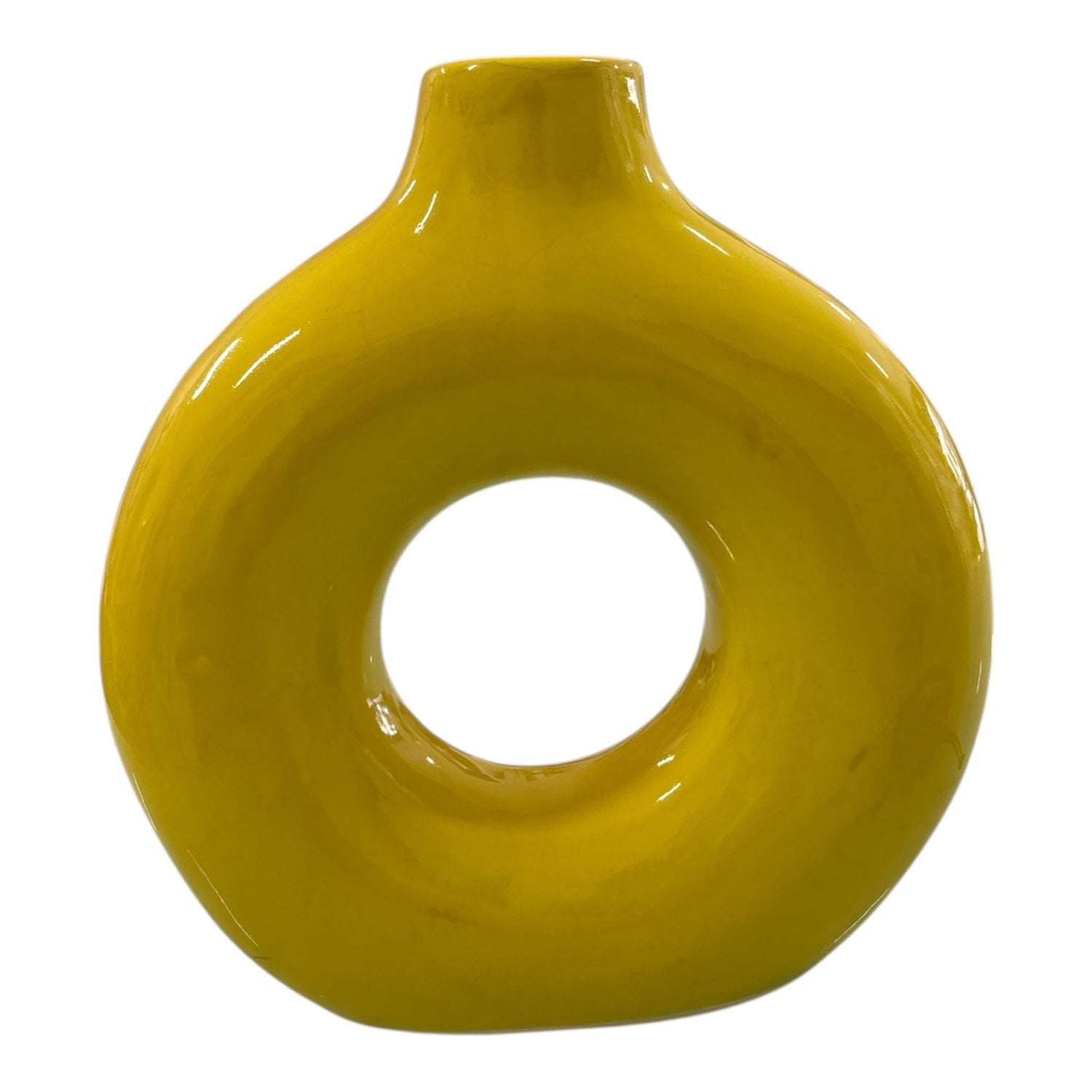 Vaso grande in ceramica gialla lucida con foro centrale, design moderno.